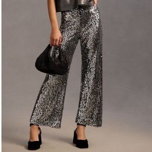 Anthropologie Colette Cropped Wide-Leg Sequin Pants 26 Silver Cocktail pants.